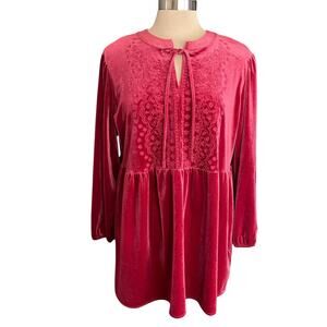 Pioneer Woman Wine Velvet Tone-on-Tone Embroidery Peplum Boho Top Sz XL Romance